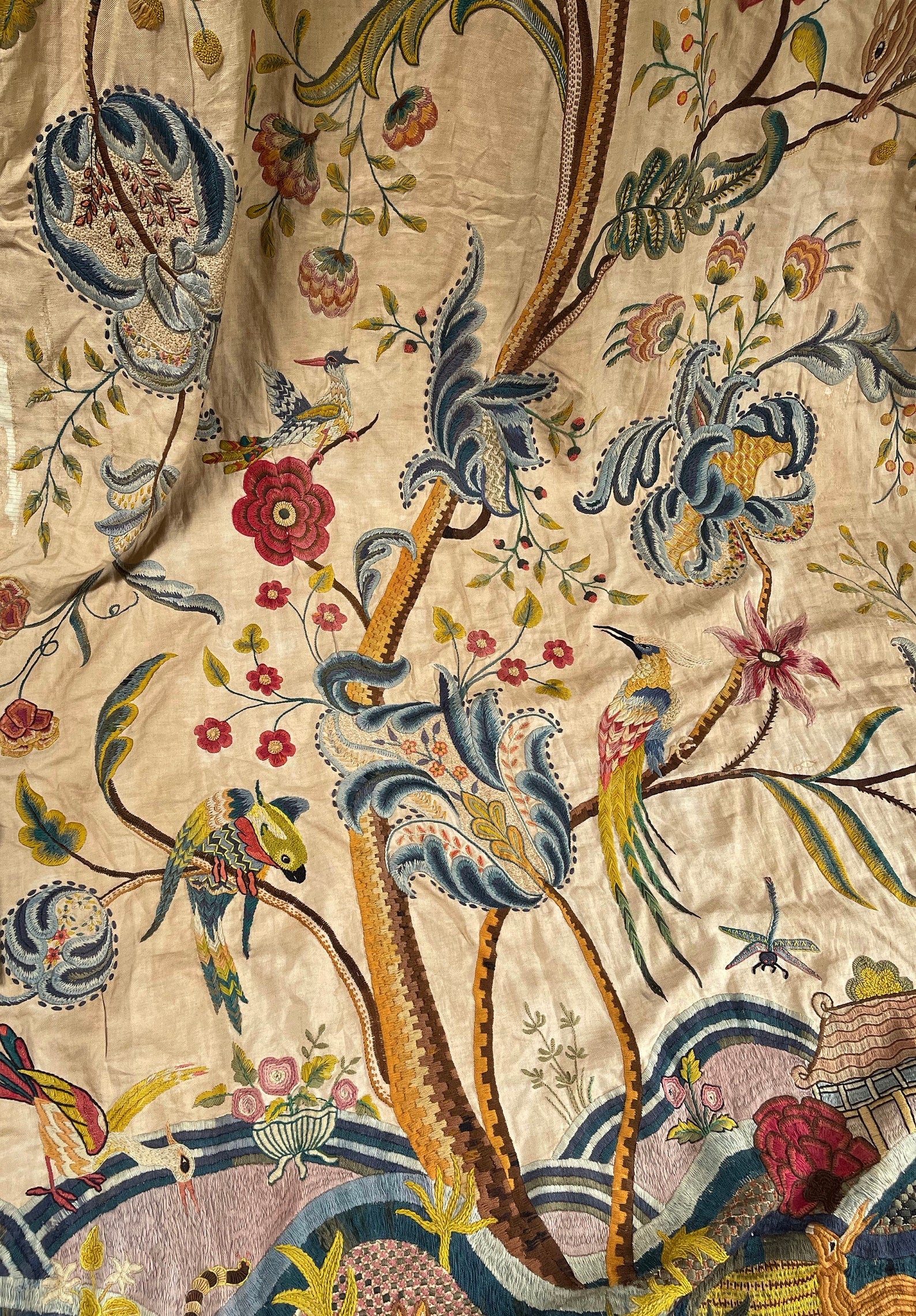 Antique Crewelwork Curtain Tree of Life Design