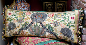 Antique Bolster Pillow 17th Century Embroidered Panel