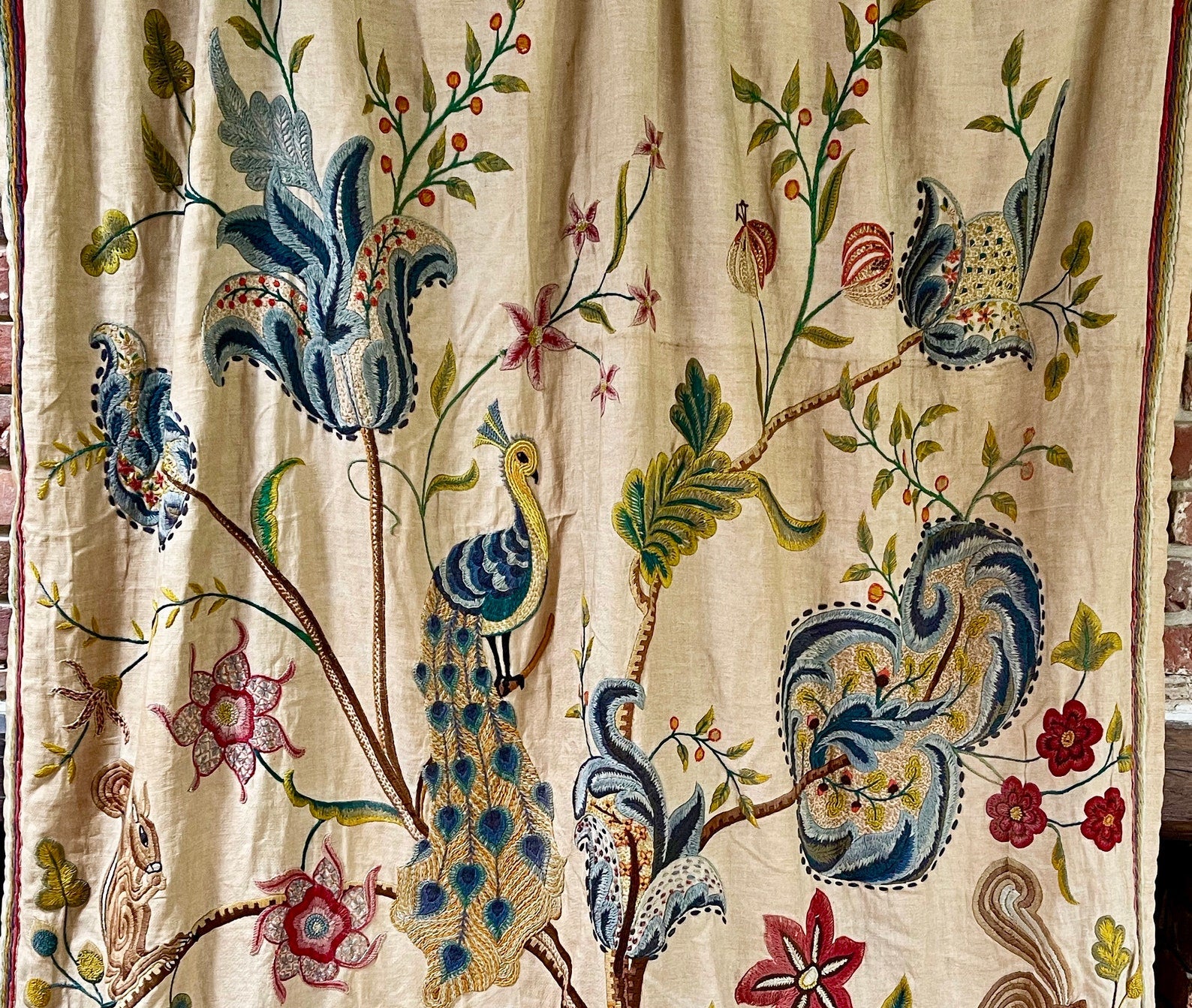 Antique Crewelwork Curtain Tree of Life Design