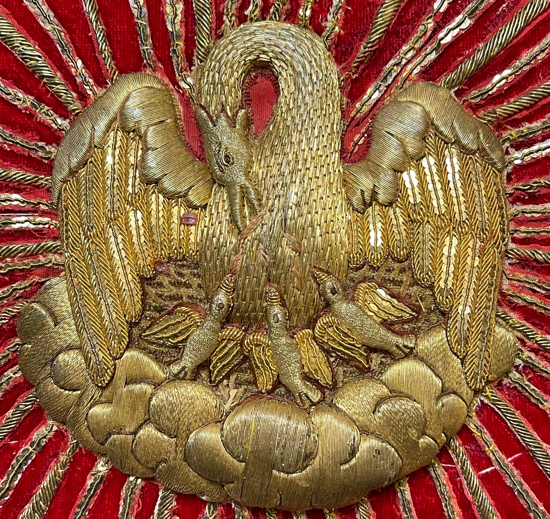 ON HOLD  FOR SC  Antique Cushion Gold Metallic Embroidery Pelican