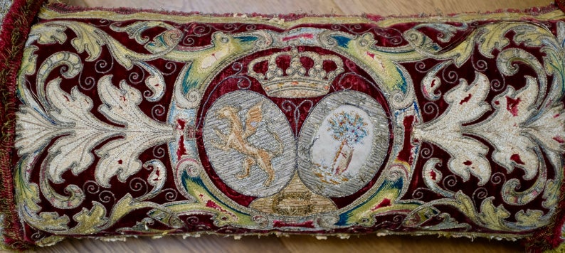 Antique Embroidered Pillow 17th Century Armorial