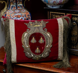 RESERVED FOR F     Antique Pillow Embroidered Heraldic Coat of Arms Barberini Family