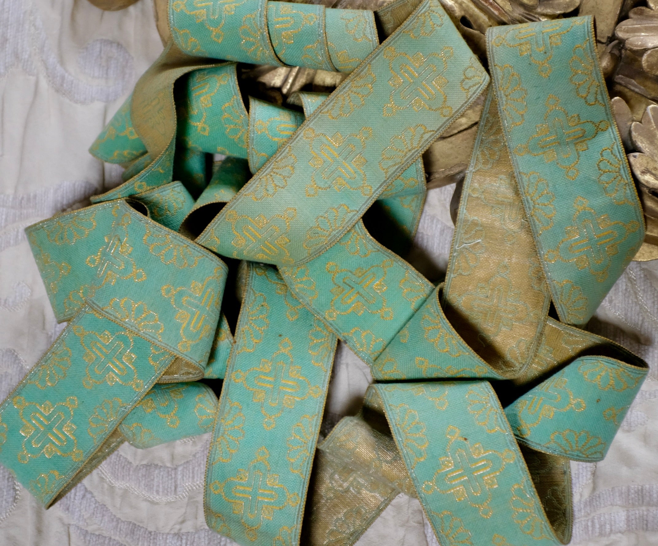 Antique French Vestment Trim Green Gold Ribbon