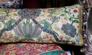 Antique Bolster Pillow 17th Century Embroidered Panel