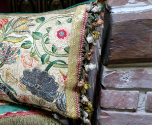 Antique Bolster Pillow 17th Century Embroidered Panel