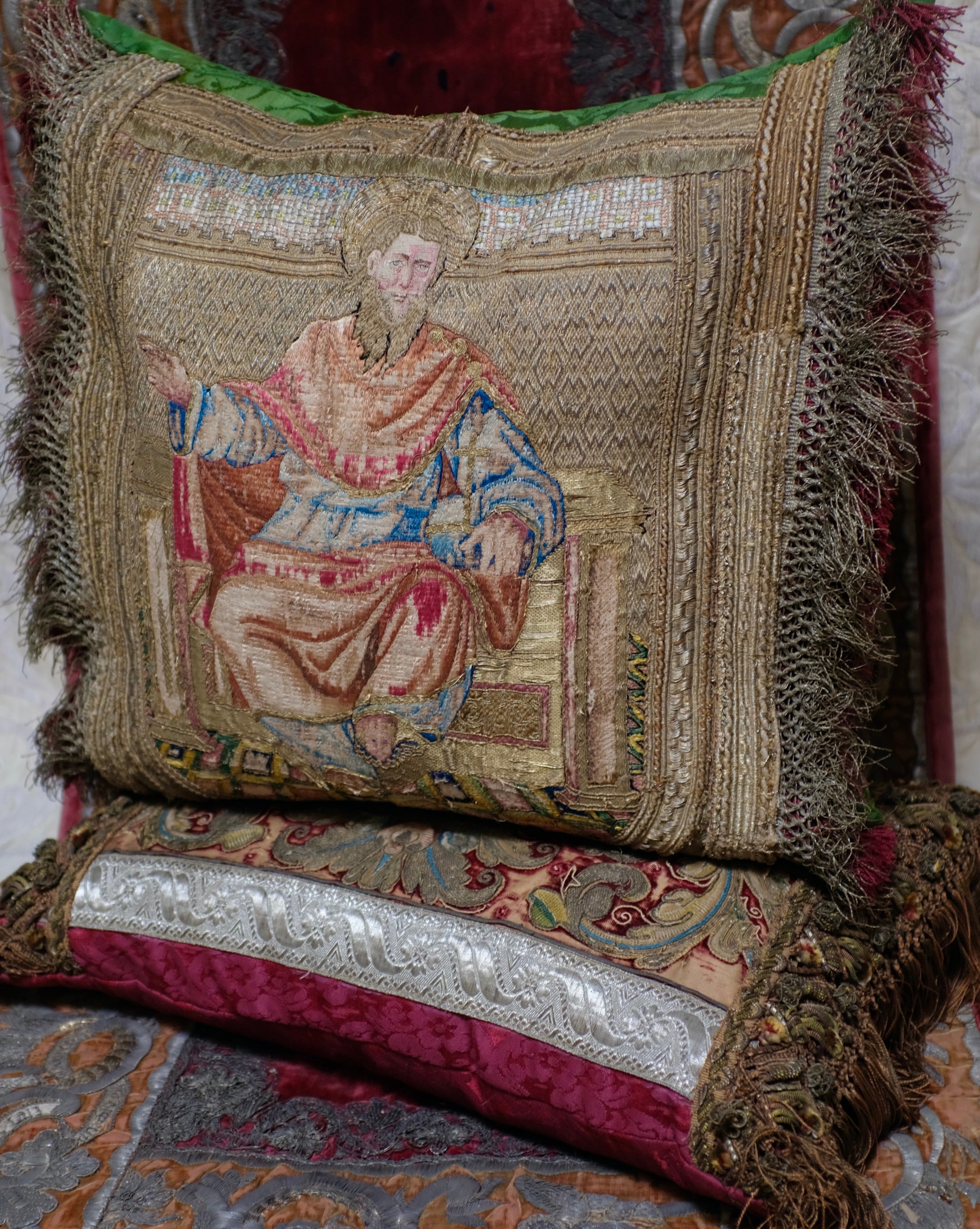 Antique Pillow 16th Century Ecclesiastical Embroidery