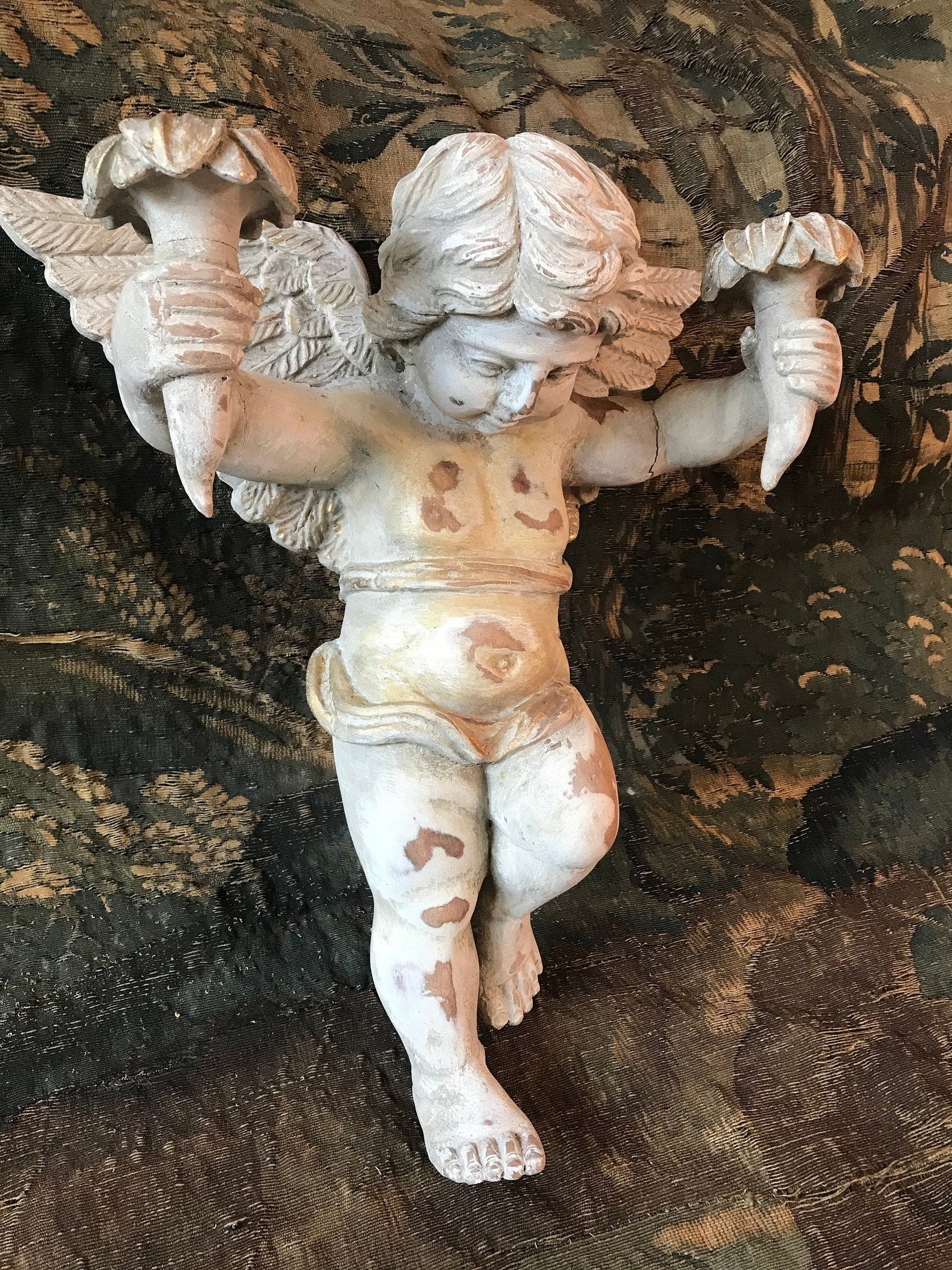 Antique Angel Carved Wood French Candlestick