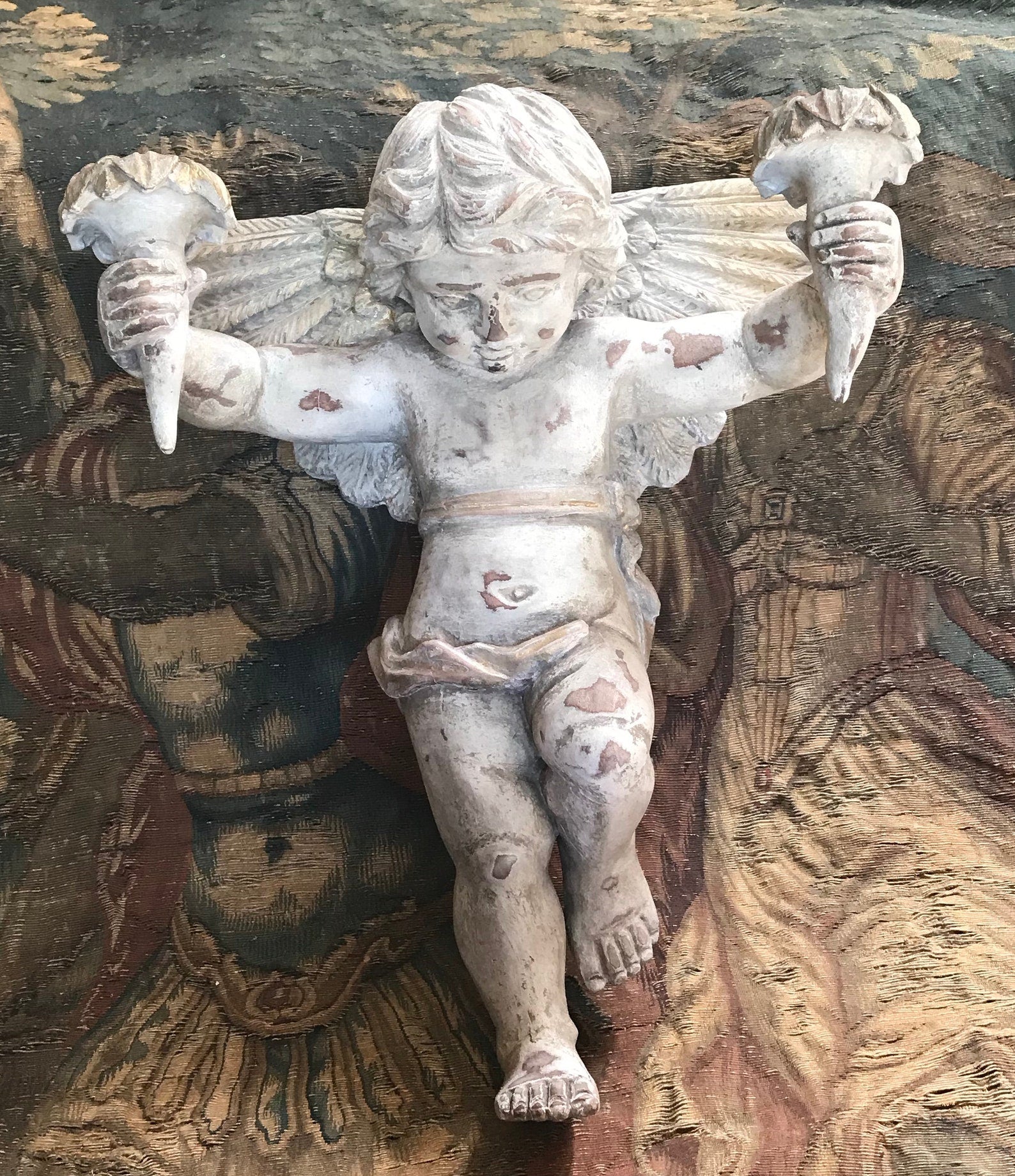 Antique French Cherub Carved Wood Candle Holder