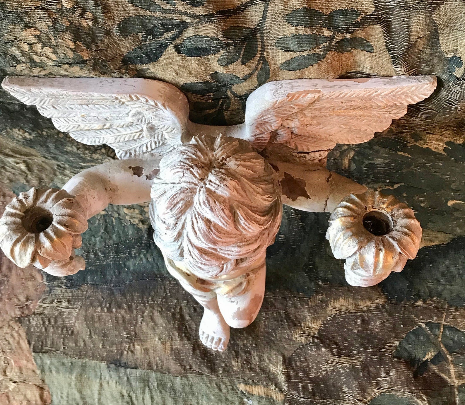 Antique Angel Carved Wood French Candlestick