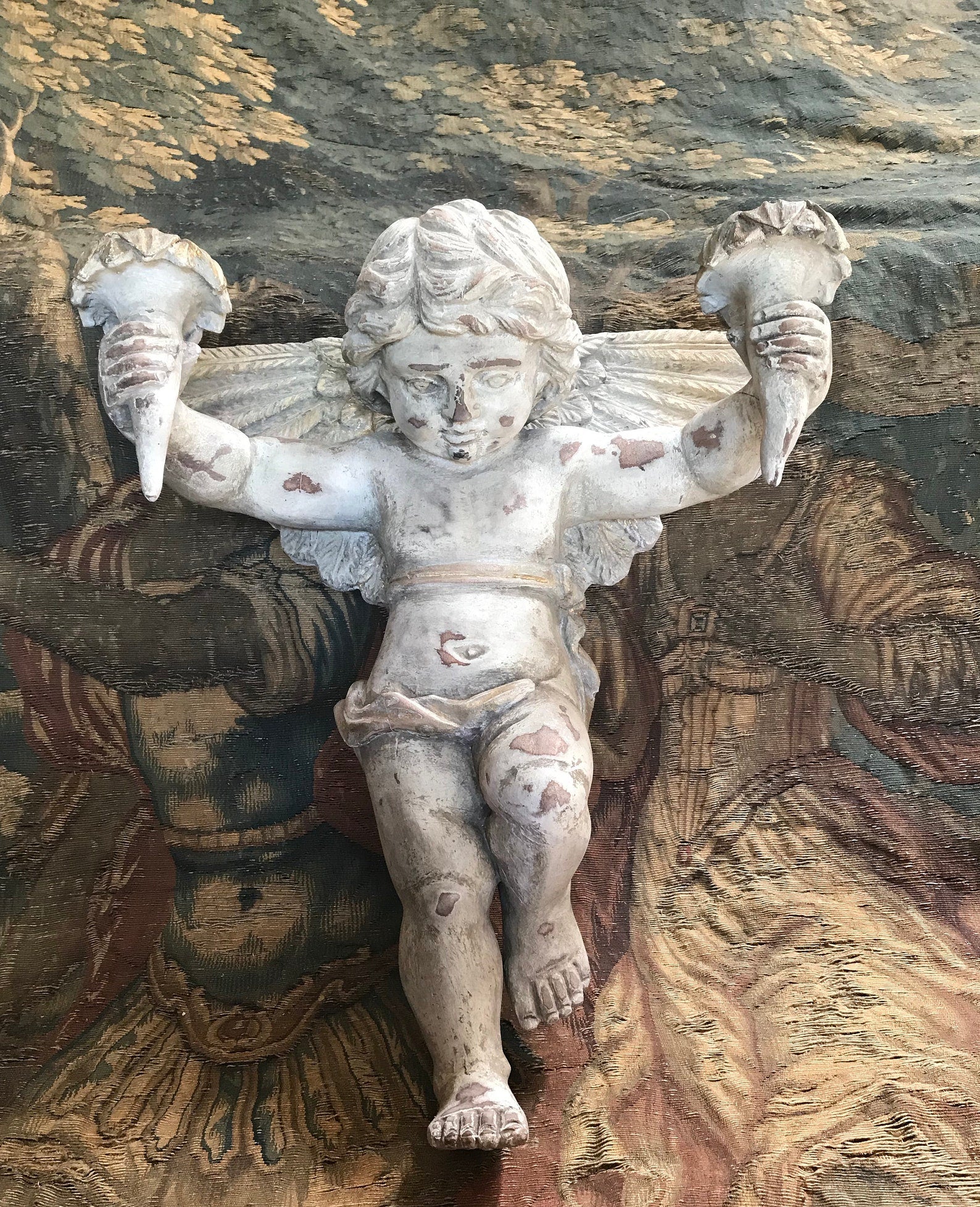 Antique French Cherub Carved Wood Candle Holder