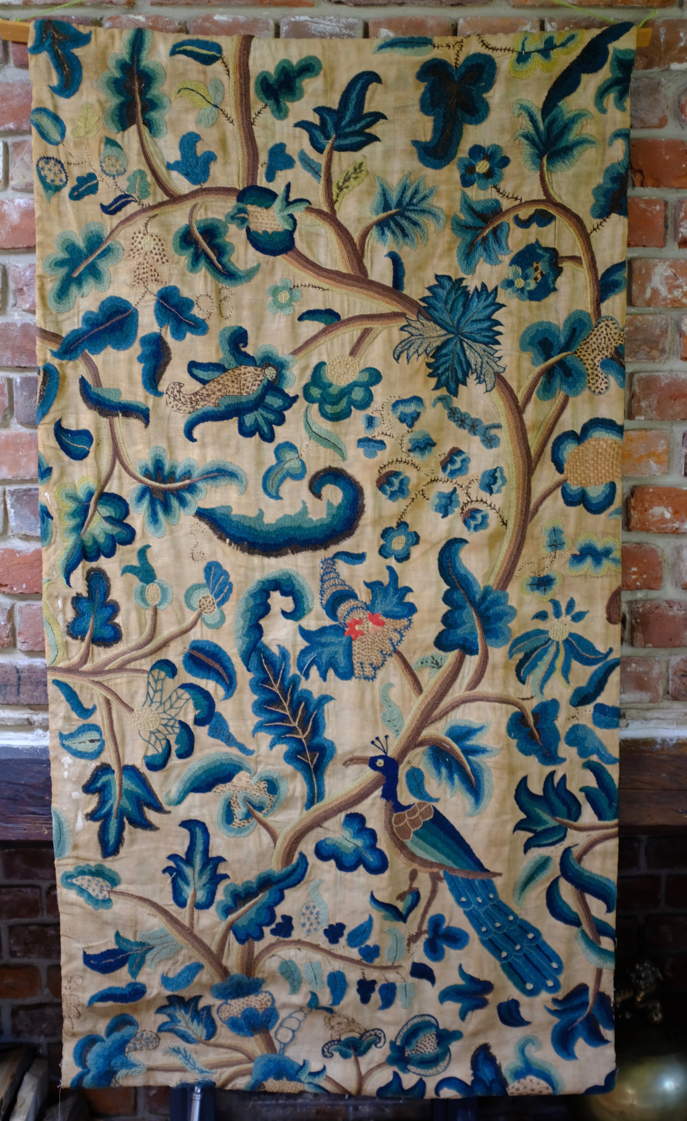 RESERVED FOR S   Jacobean Crewelwork Panel Tree of Life Exotic Flowers Peacock Circa 1675