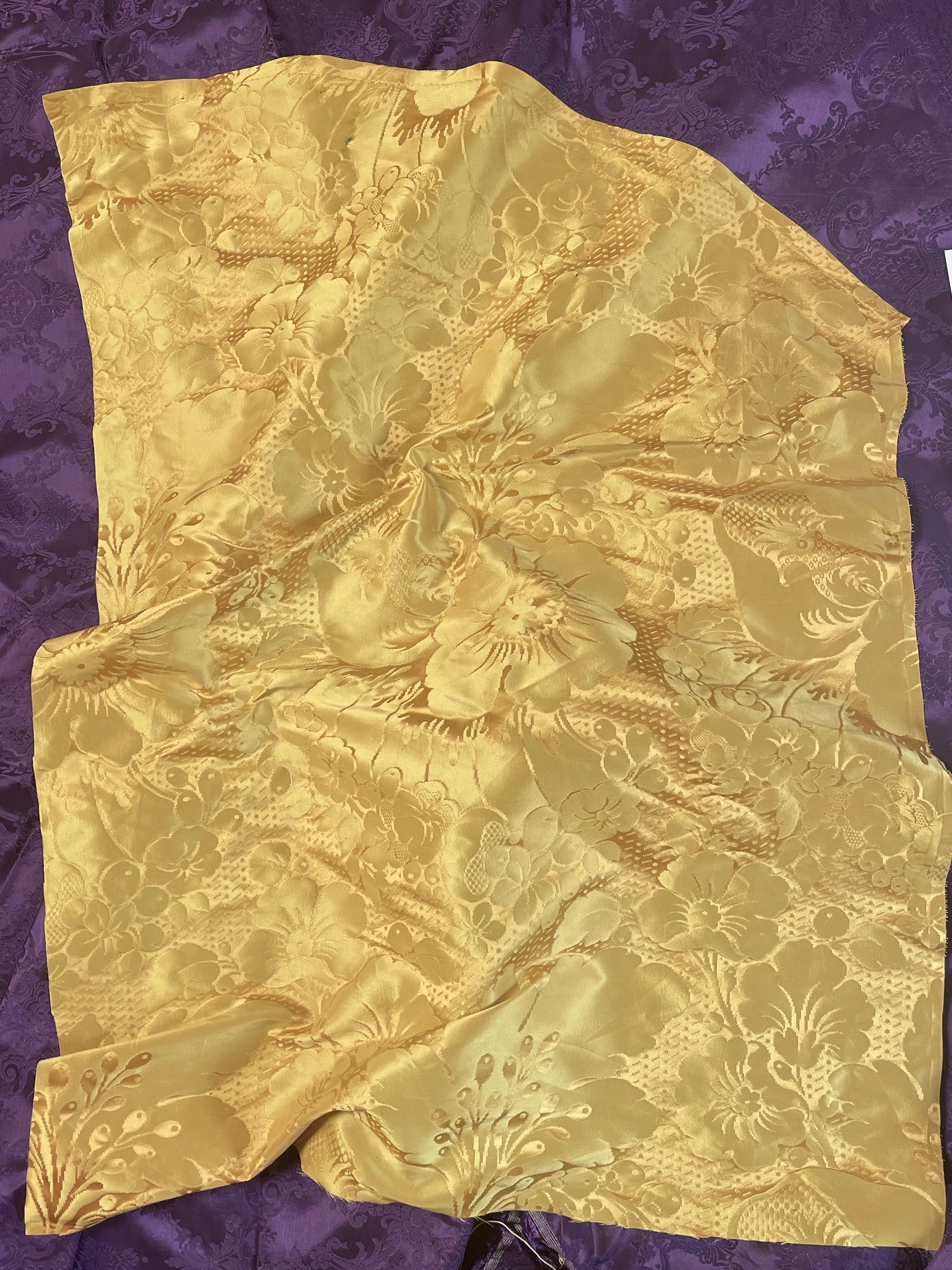 Antique Fabric French Lyon Silk Damask   Yellow