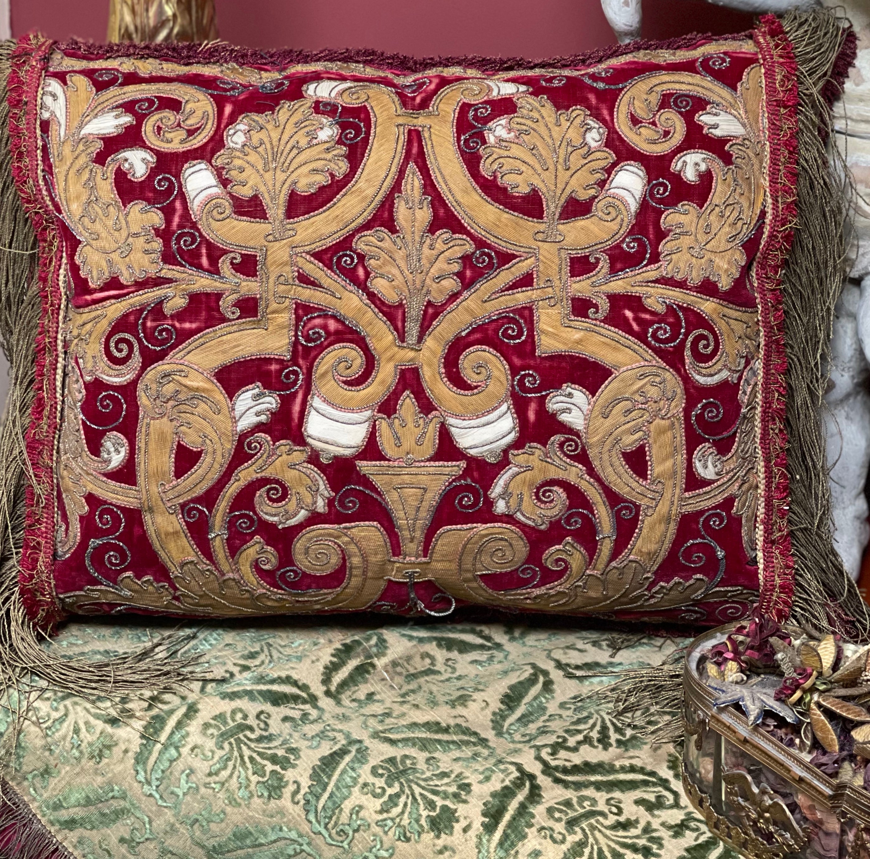 ON HOLD   FOR SC     Antique Pillow Renaissance Embroidery Panel
