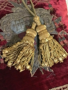 Antique Tassels Curtain Tiebacks  French Passementerie Gold Metallic Trimming