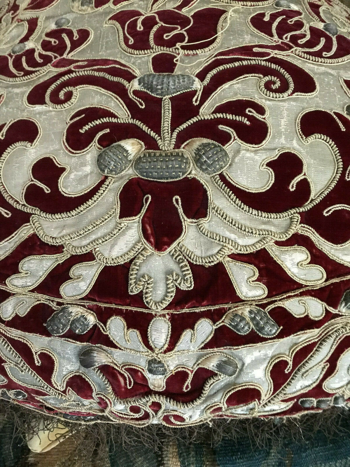 Antique  Venetian Pillow 18th Century Cisele Velvet Silver Metallic Stumpwork