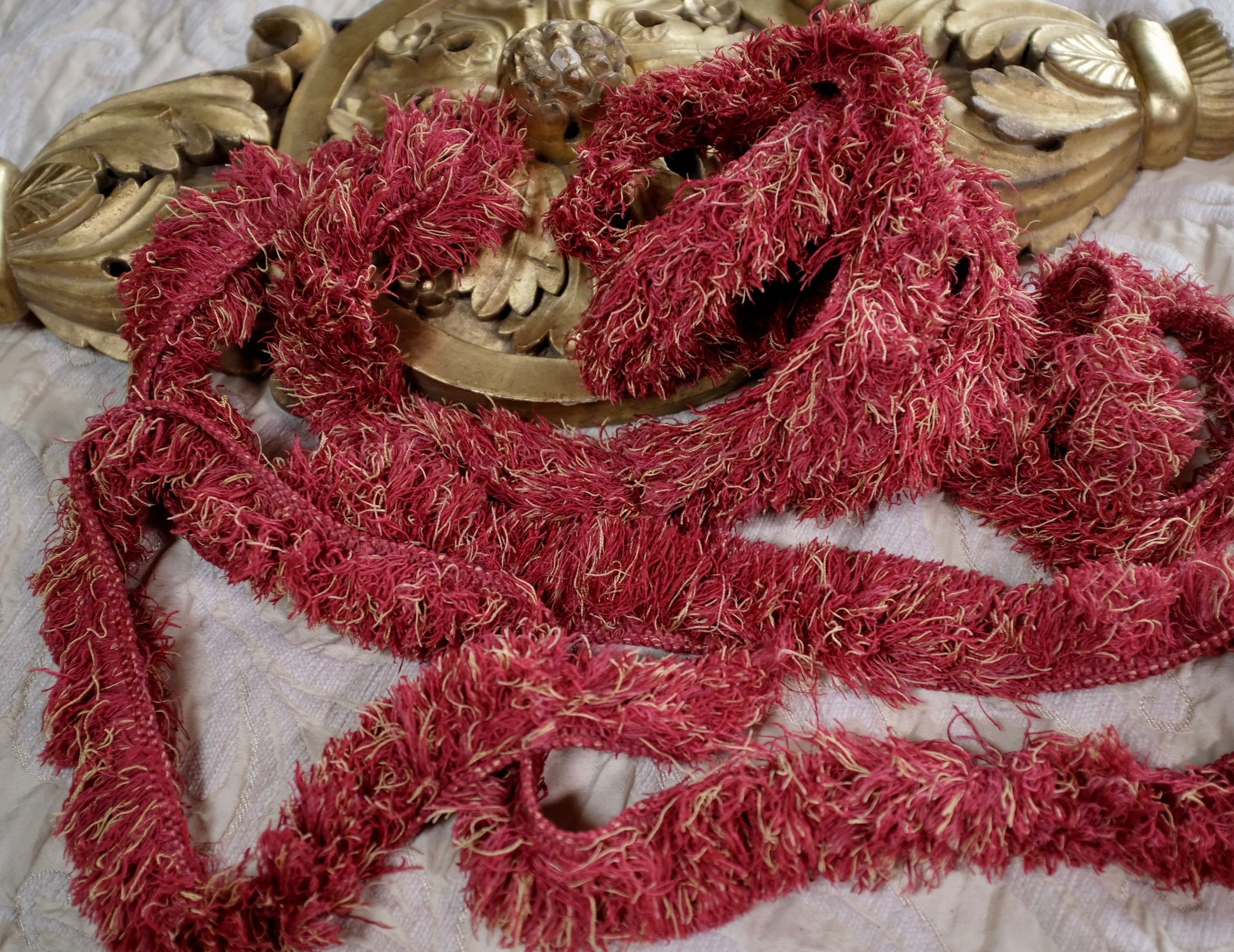 Antique Silk Tassel Trim Florentine Passementerie Frothy Fringe Madder Red