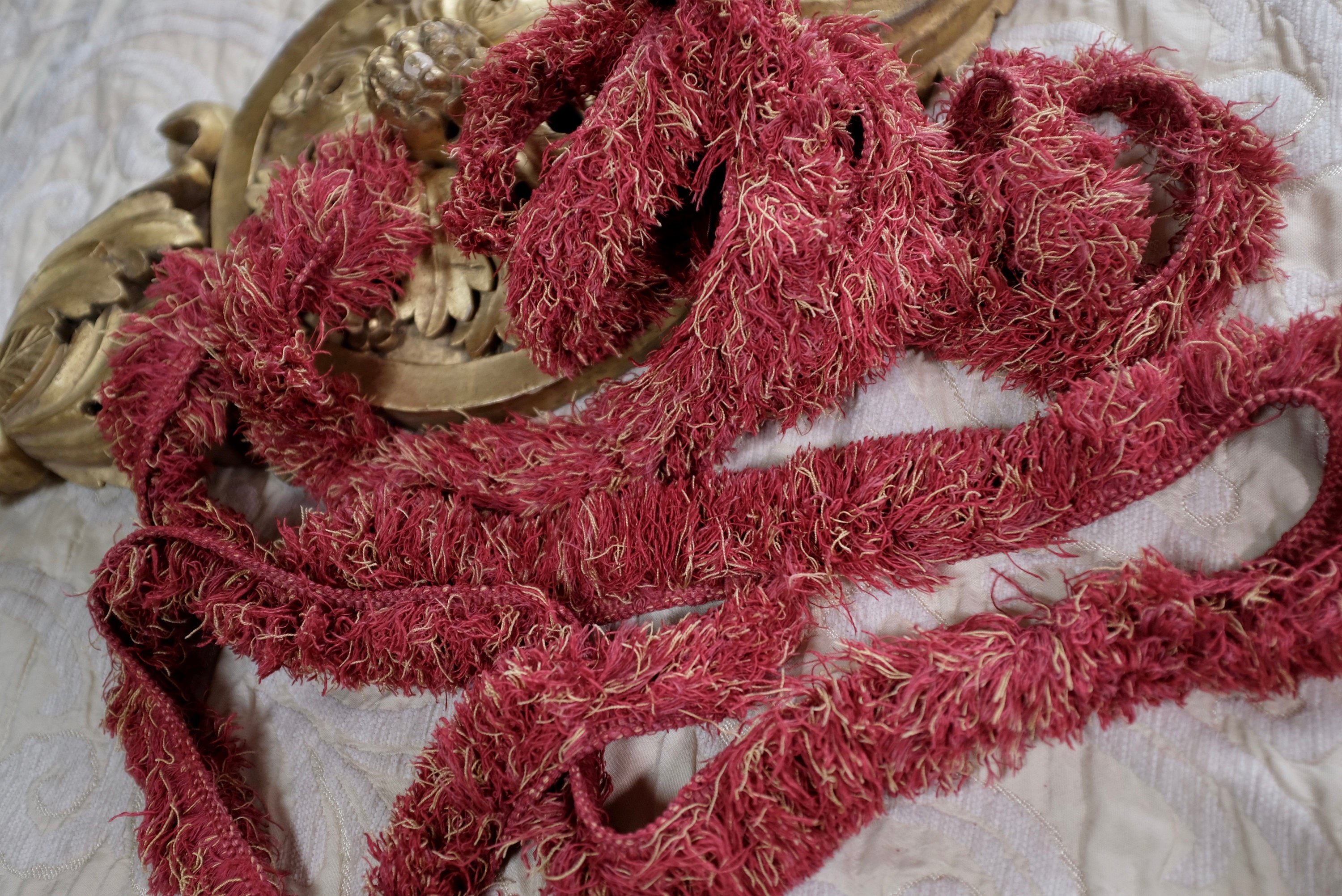 Antique Silk Tassel Trim Florentine Passementerie Frothy Fringe Madder Red