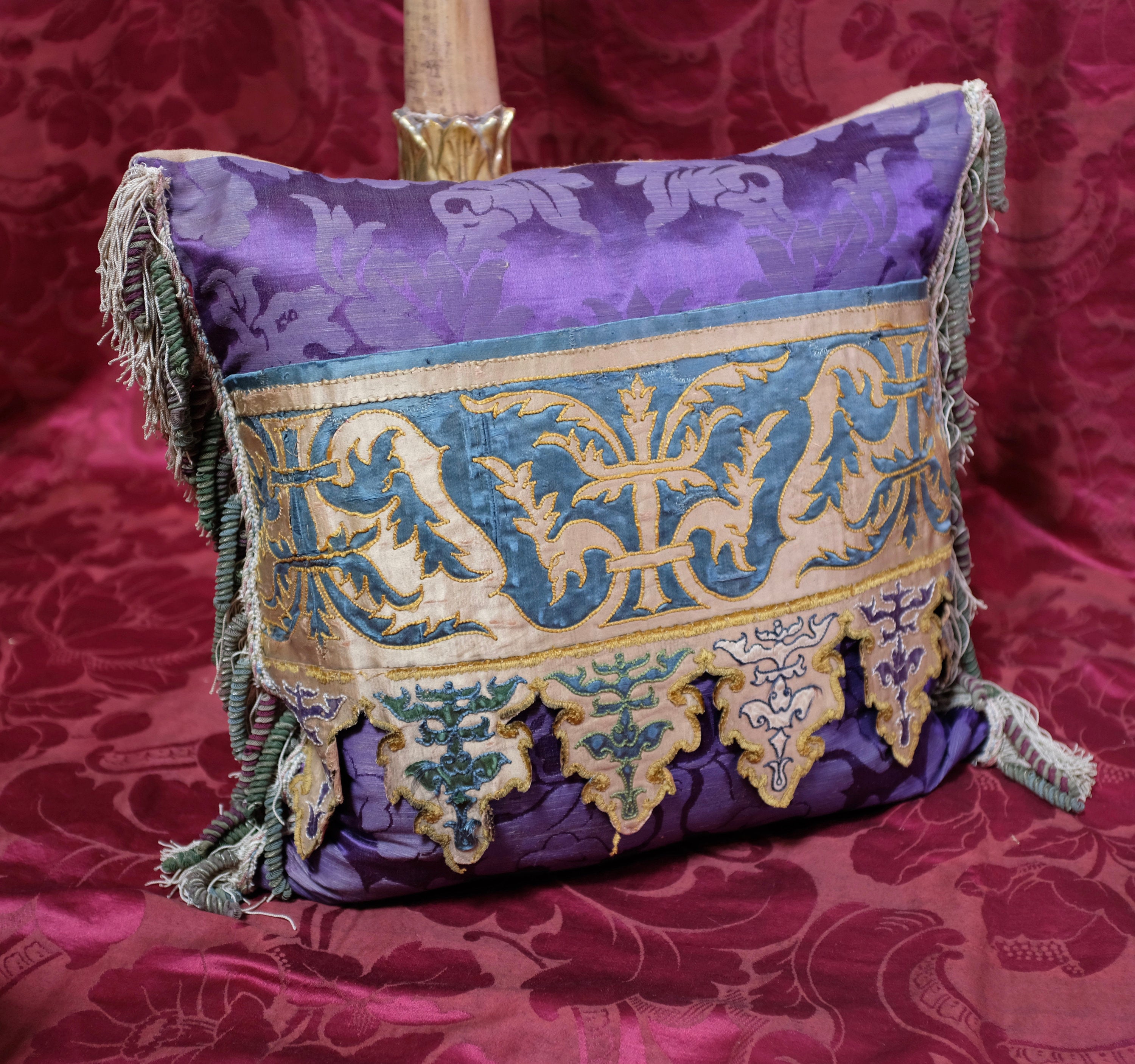 Antique Pillow 17th Century Venetian Silk Panel Purple Silk Damask Metallic Tassel Passementerie