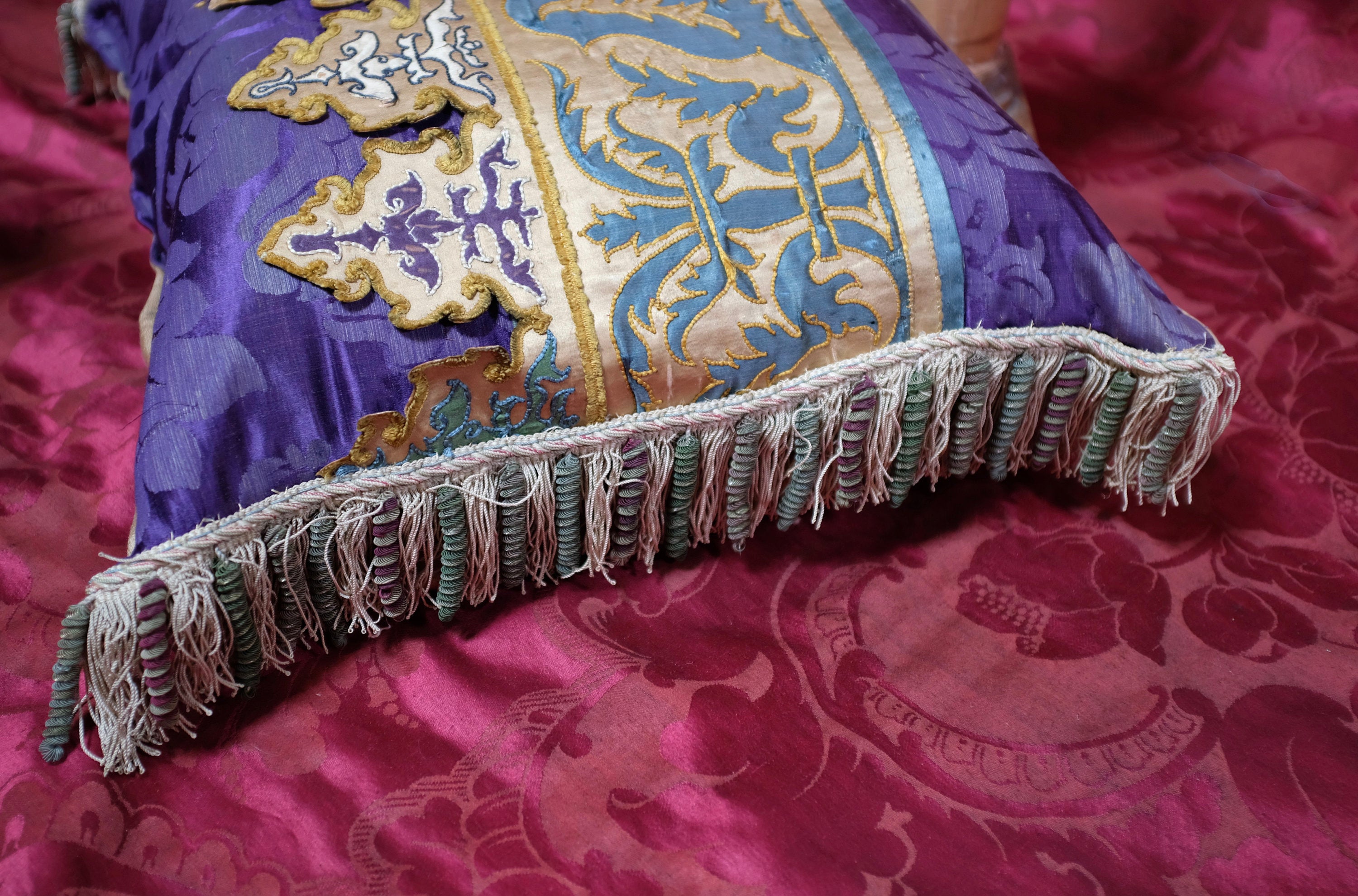 Antique Pillow 17th Century Venetian Silk Panel Purple Silk Damask Metallic Tassel Passementerie