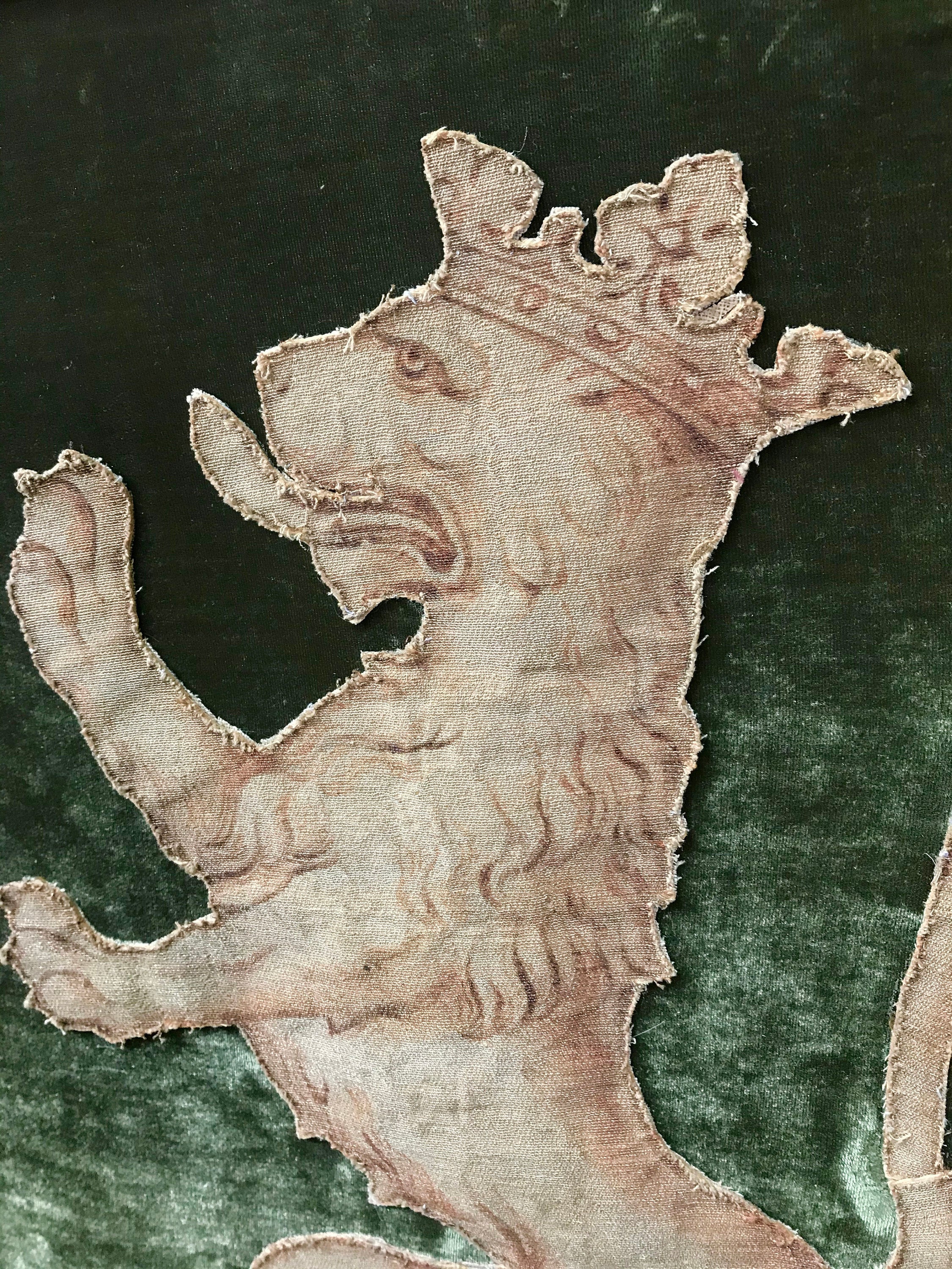 17th Century Heraldic Lion Applique Metallic Brocaded Stumpwork