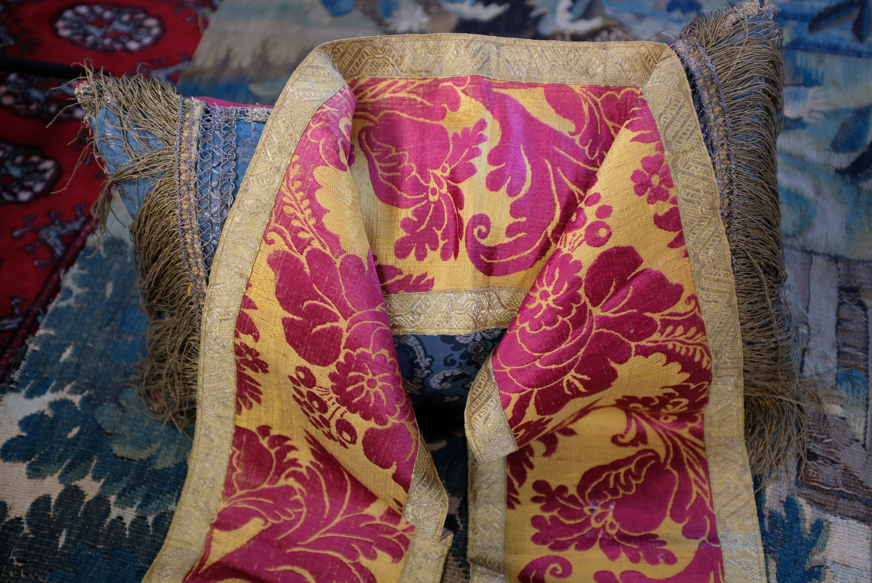 Antique Venetian Silk Brocade Table Runner Crimson Gold Baroque Textile Circa 1700