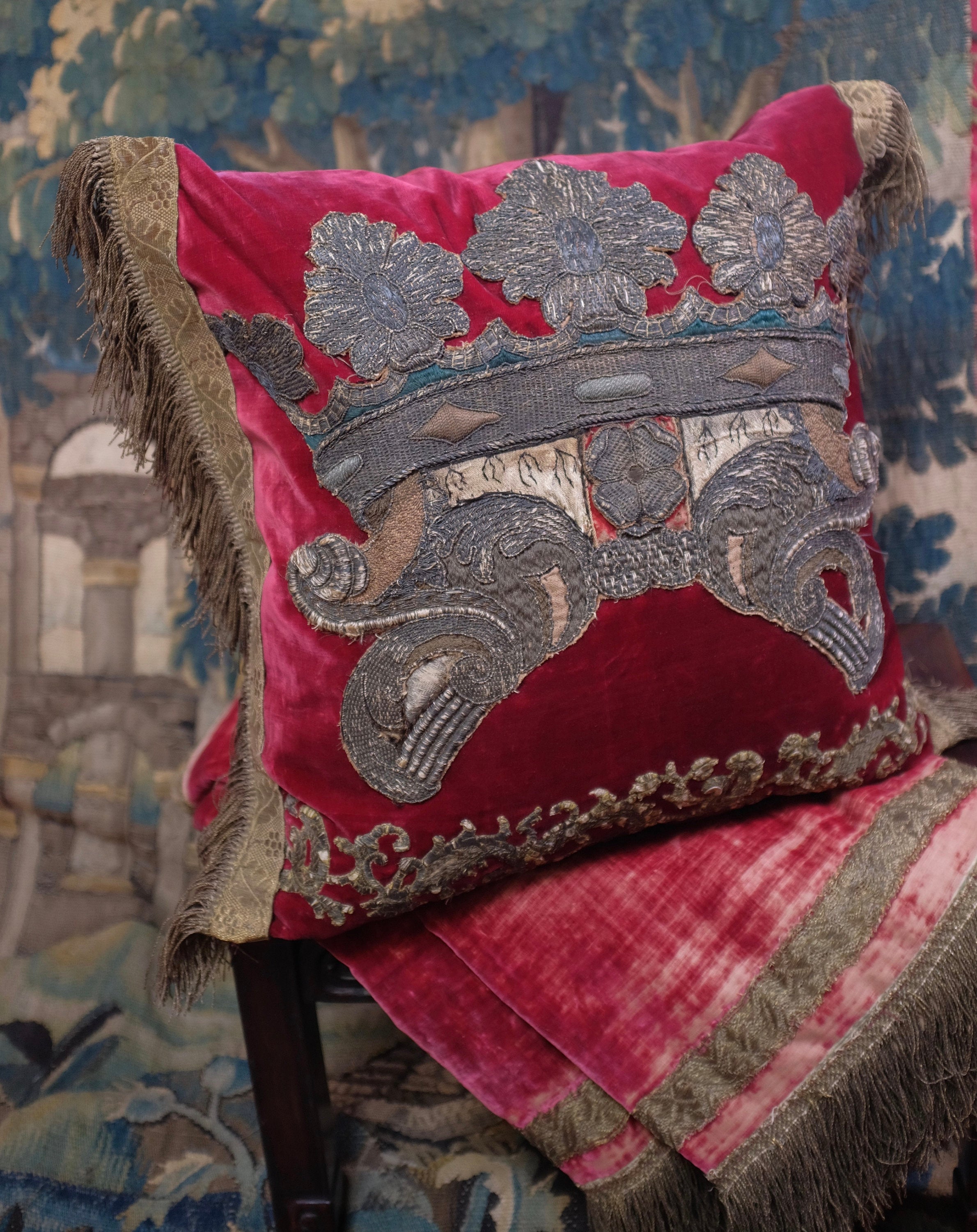 RESERVED FOR S   Antique Pillow 17th Century Velvet   Embroidered Bishops  Coat of Arms
